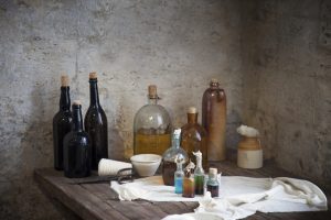 The old pharmacist's bottles