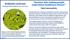 Shared decision making in healthcare involves discussions between clinician and patient which draw on the clinician's expertise, the evidence for the different treatments, and personal factors such as the patient's preferences and circumstances, to work out the best option for them. This blog includes Joanna's story of navigating an important treatment decision without the benefit of constructive discussions with her surgeon. There is Cochrane evidence that decision aids, which provide evidence-based information on treatment options, including the likely outcomes, benefits, harms and uncertainties, can be helpful. The blog includes links to more information and resources on decision aids and shared decision making.