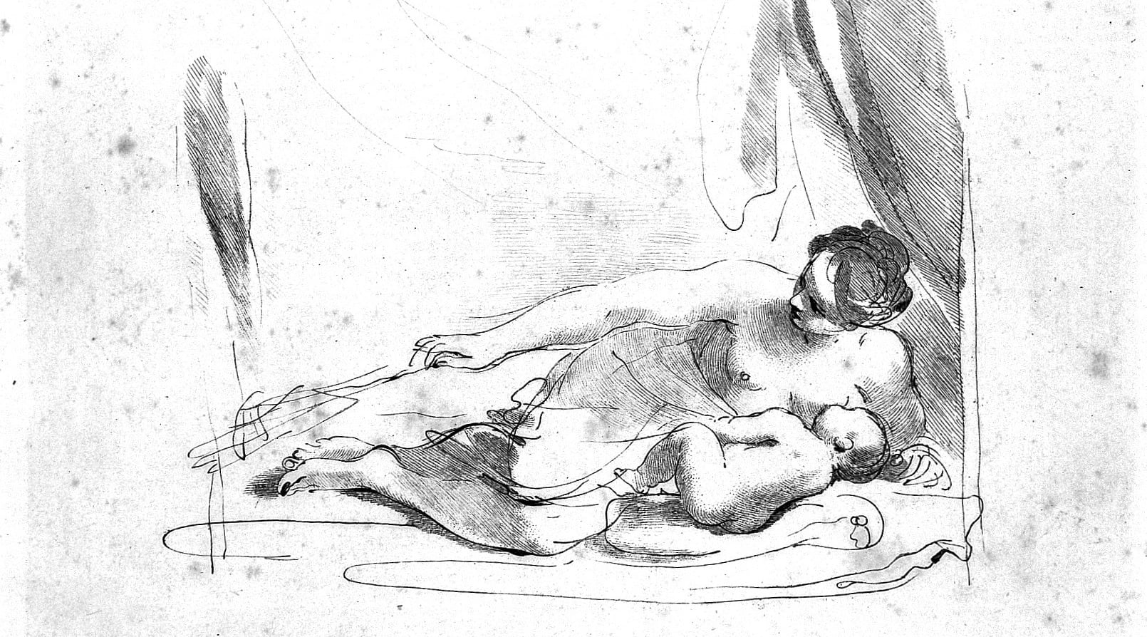 L0010814 A woman lying down breast-feeding her baby. Etching by F. Ba