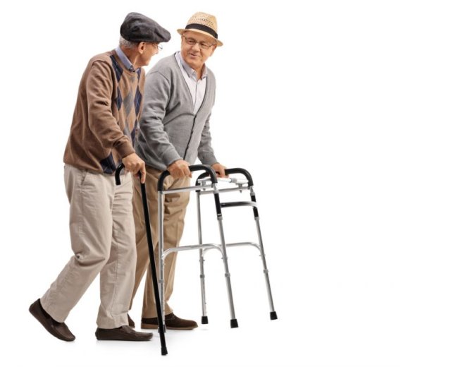 Mature man with walker and another man with cane