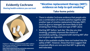 There is reliable Cochrane evidence that people who use a combination of nicotine patches together with another type of nicotine replacement therapy (NRT) (such as gum or lozenges) are more likely to quit smoking than if they used one type of NRT alone Starting NRT before ‘quit day’ (the day you stop smoking), probably improves the chance of successfully quitting, compared with starting NRT after you've given up cigarettes Most of the available studies have not looked into the safety of NRT. However, those that have suggest that unwanted effects are rare and that NRT is generally well-tolerated.