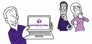 Cartoon of a man with laptop showing The People's Trial on the screen and two people looking on