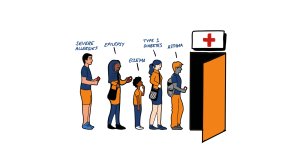 cartoon of a queue young people walking into a medical room, with various health problems