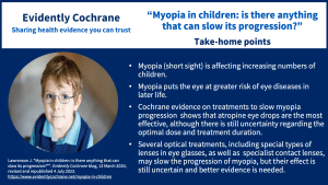 Myopia (short sight) is affecting increasing numbers of children. Myopia puts the eye at greater risk of eye diseases in later life. Cochrane evidence on treatments to slow myopia progression shows that atropine eye drops are the most effective although there is still uncertainty regarding the optimal dose and treatment duration. Several optical treatments, including special types of lenses in eye glasses, as well as specialist contact lenses, may slow the progression of myopia, but their effect is still uncertain and better evidence is needed.