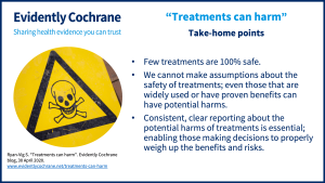 Few treatments are 100% safe. We cannot make assumptions about the safety of treatments; even those that are widely used or have proven benefits can have potential harms. Consistent, clear reporting about the potential harms of treatments is essential; enabling those making decisions to properly weigh up the benefits and risks.