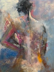Kim Gibbs created this painting after her mother was diagnosed with metastatic breast cancer- “This painting began with an image of a healthy woman… I have superimposed the body with cancer over it.. the light on the left represents the Hope we have! The circles on the left and right are the disease.”