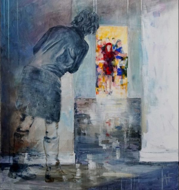 Artwork of a woman looking through a door to a crowd of people