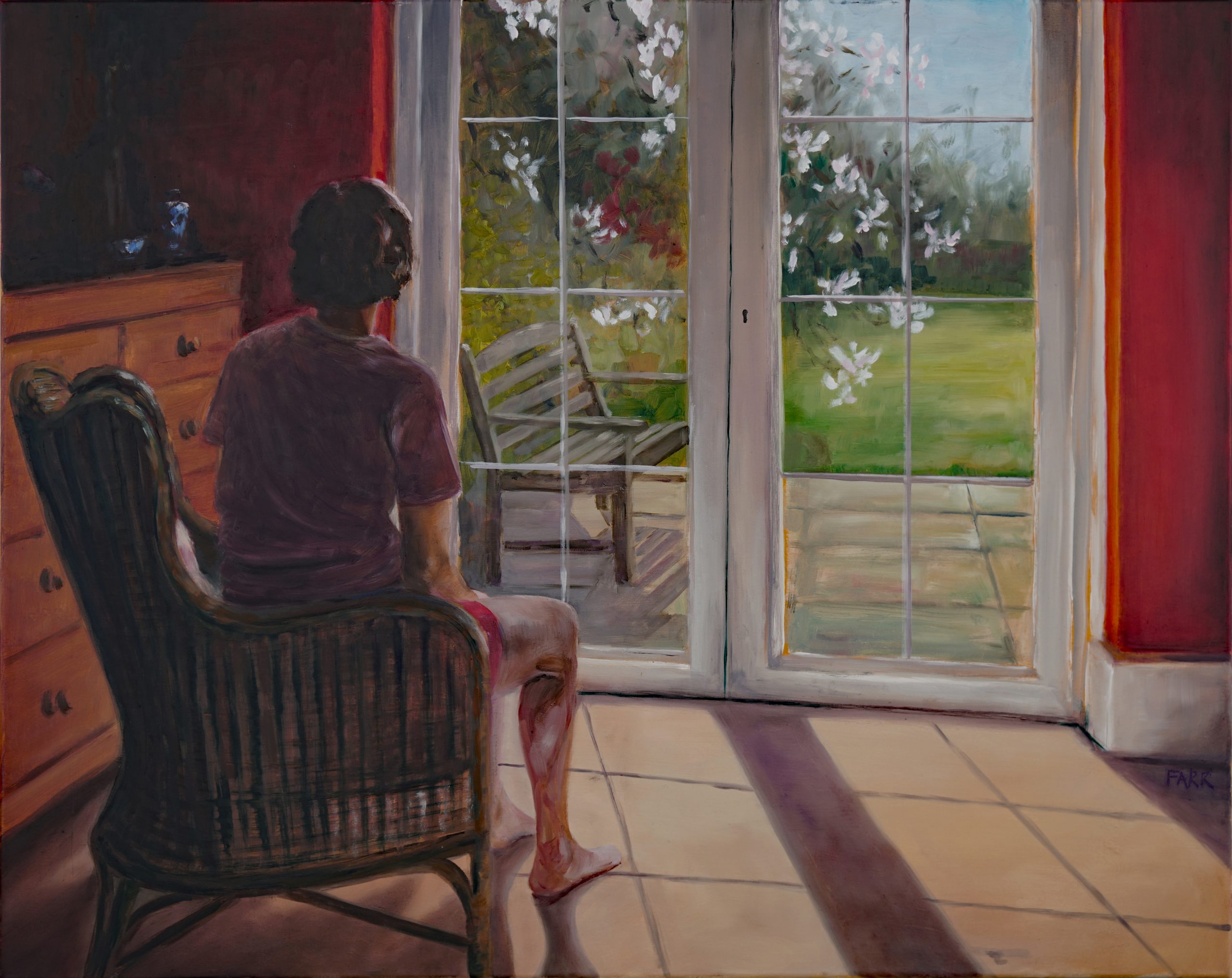 Artwork - a person sits in a chair, looking out of their window