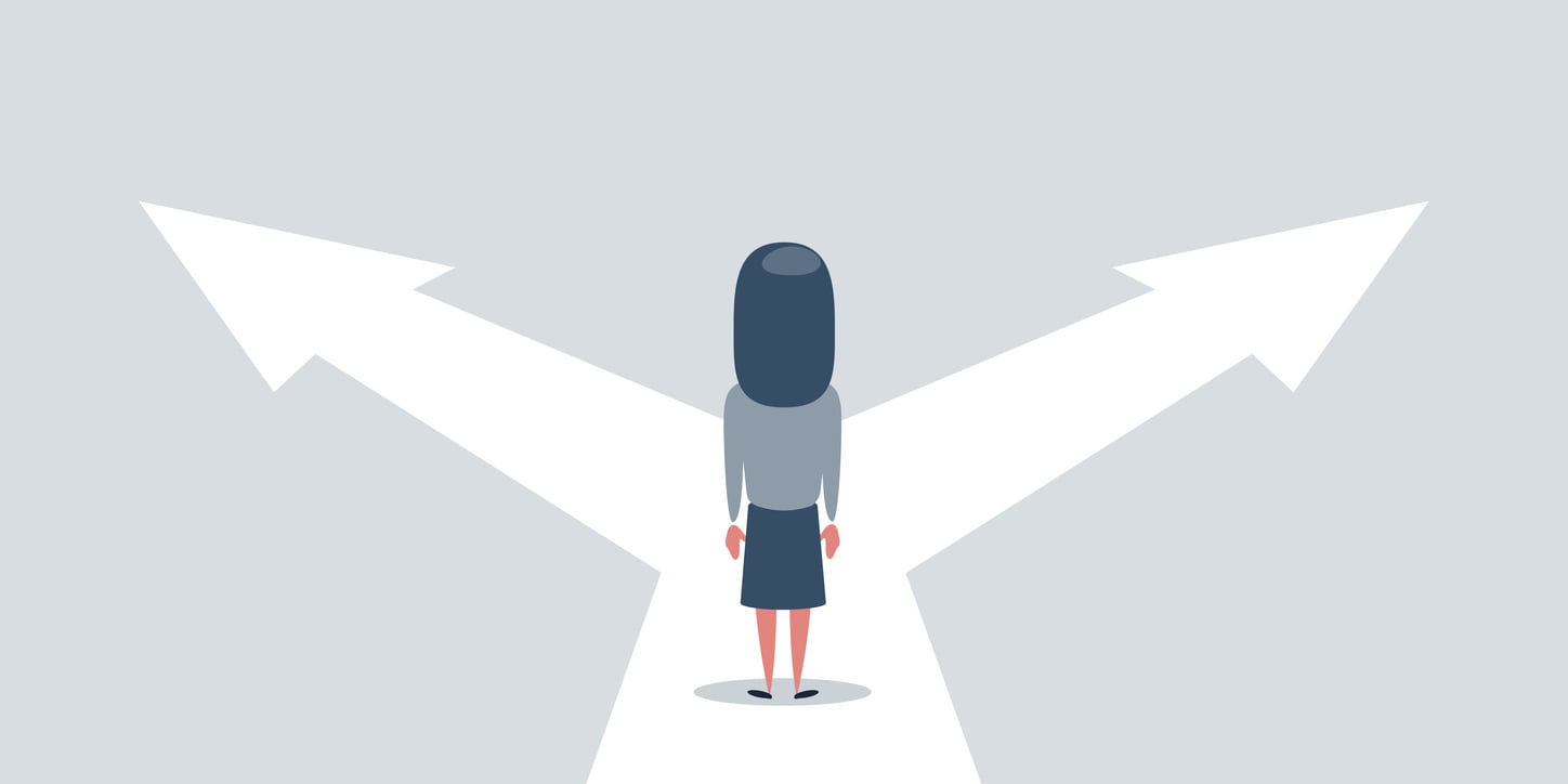 Business decision concept vector illustration. Businesswoman standing on  the crossroads with two arrows and directions - Evidently Cochrane