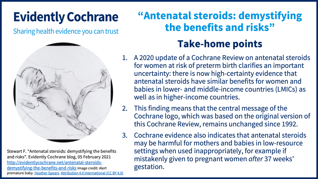 A 2020 update of a Cochrane Review on antenatal steroids for women at risk of preterm birth clarifies an important uncertainty: there is now high-certainty evidence that antenatal steroids have similar benefits for women and babies in lower- and middle-income countries (LMICs) as well as in higher-income countries. This finding means that the central message of the Cochrane logo, which was based on the original version of this Cochrane Review, remains unchanged since 1992. Cochrane evidence also indicates that antenatal steroids may be harmful for mothers and babies in low-resource settings when used inappropriately, for example if mistakenly given to pregnant women after 37 weeks’ gestation.