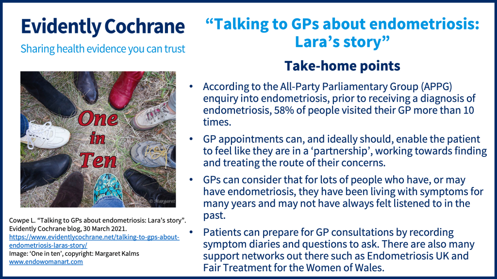 According to the All-Party Parliamentary Group (APPG) enquiry into endometriosis, prior to receiving a diagnosis of endometriosis, 58% of people visited their GP more than 10 times. GP appointments can, and ideally should, enable the patient to feel like they are in a ‘partnership’, working towards finding and treating the route of their concerns. GPs can consider that for lots of people who have, or may have endometriosis, they have been living with symptoms for many years and may not have always felt listened to in the past. Patients can prepare for GP consultations by recording symptom diaries and questions to ask. There are also many support networks out there such as Endometriosis UK and Fair Treatment for the Women of Wales.