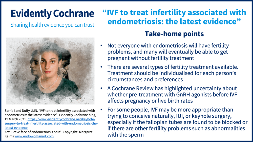 Take home messages • Not all people with endometriosis will have problems, and many will eventually be able to get pregnant without fertility treatment. • There are several types of fertility treatment available. Treatment should be individualised for each person’s circumstances and preferences. • A Cochrane Review has highlighted uncertainty about whether pre-treatment with GnRH agonist before IVF affects pregnancy or live birth rates. • For some people, IVF may be more appropriate than trying to conceive naturally, IUI, or keyhole surgery, especially if the fallopian tubes are found to be blocked or if there are other fertility problems such as abnormalities with the sperm.