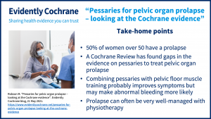 50% of women over 50 have a prolapse A Cochrane Review has found gaps in the evidence on pessaries to treat pelvic organ prolapse Combining pessaries with pelvic floor muscle training probably improves symptoms but may make abnormal bleeding more likely Prolapse can often be very well-managed with physiotherapy