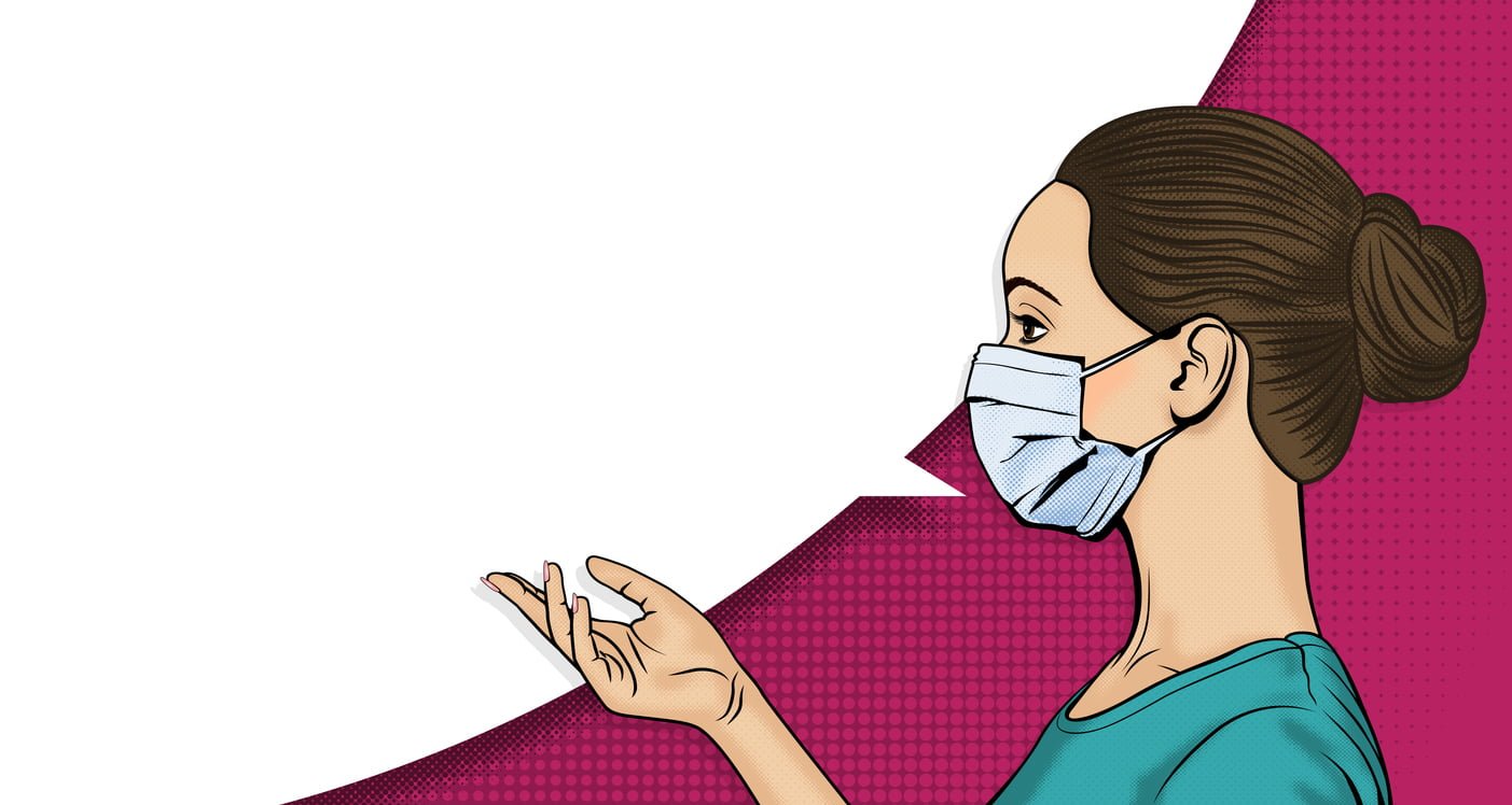 side profile of a female medical professional, with a speech bubble