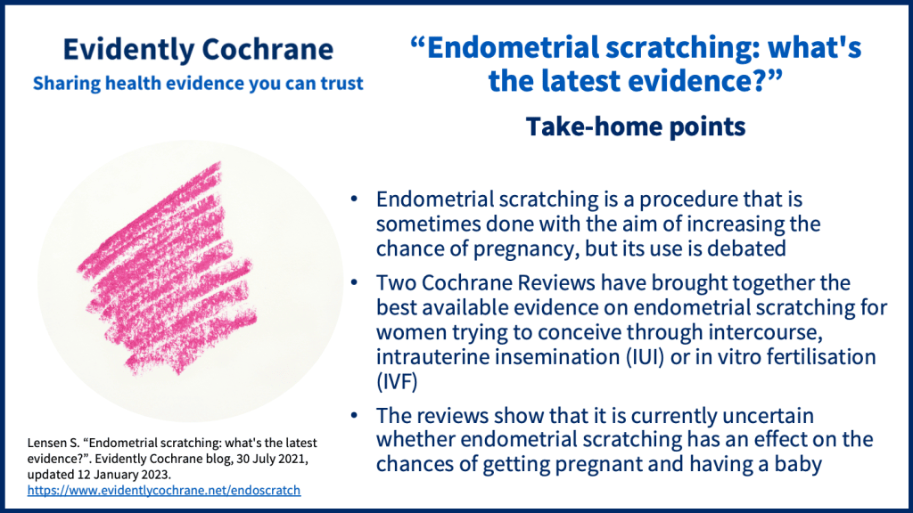 Endometrial scratching is a procedure that is sometimes done with the aim of increasing the chance of pregnancy, but its use is debated Two Cochrane Reviews have brought together the best available evidence on endometrial scratching for women trying to conceive through intercourse, intrauterine insemination (IUI) or in vitro fertilisation (IVF) The reviews show that it is currently uncertain whether endometrial scratching has an effect on the chances of getting pregnant and having a baby 