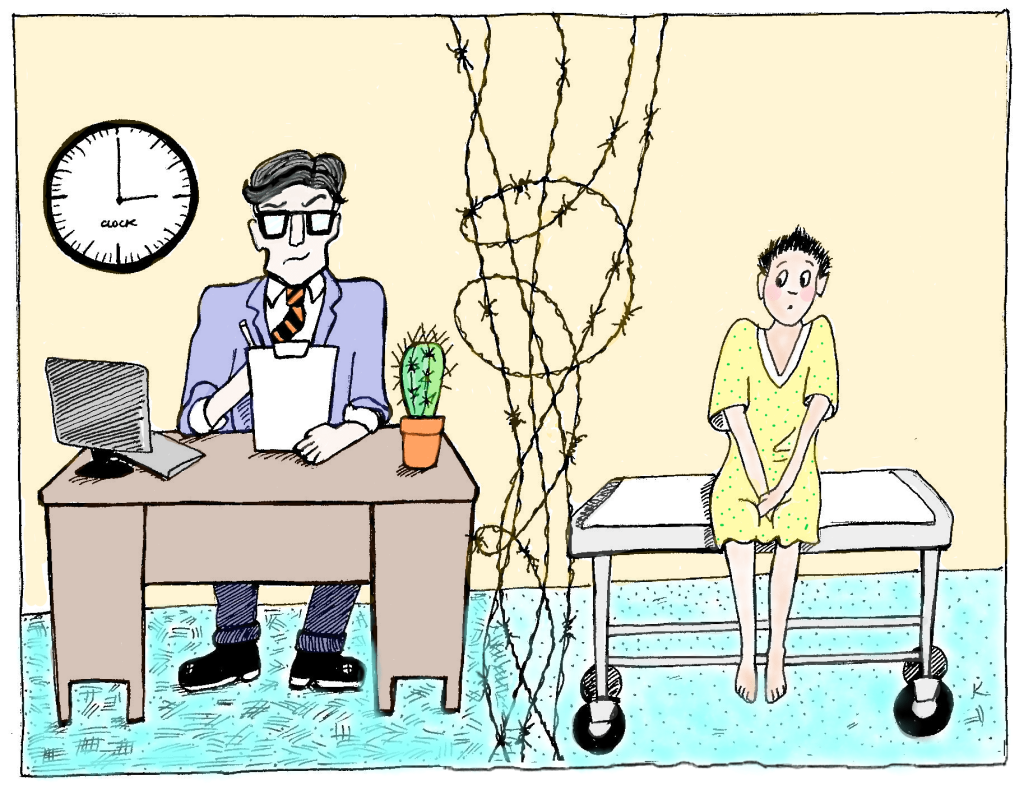 Cartoon of a man sitting at desk looking at a clip board separated by barbed wire from an anxious looking female patient sitting on a trolley