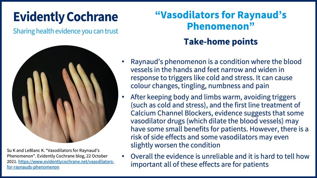 Raynaud’s phenomenon is a condition where the blood vessels in the hands and feet narrow and widen in response to triggers like cold and stress. It can cause colour changes, tingling, numbness and pain After keeping body and limbs warm, avoiding triggers (such as cold and stress), and the first line treatment of Calcium Channel Blockers, evidence suggests that some vasodilator drugs (which dilate the blood vessels) may have some small benefits for patients. However, there is a risk of side effects and some vasodilators may even slightly worsen the condition Overall the evidence is unreliable and it is hard to tell how important all of these effects are for patients