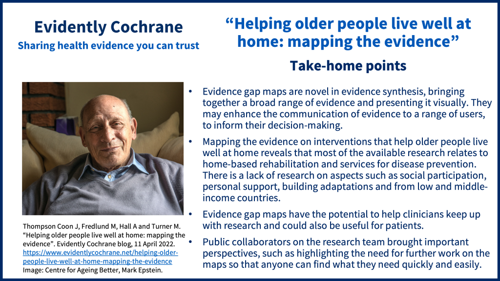 Evidence gap maps are novel in evidence synthesis, bringing together a broad range of evidence and presenting it visually. They may enhance the communication of evidence to a range of users, to inform their decision-making. Mapping the evidence on interventions that help older people live well at home reveals that most of the available research relates to home-based rehabilitation and services for disease prevention. There is a lack of research on aspects such as social participation, personal support, building adaptations and from low and middle income countries. Evidence gap maps have the potential to help clinicians keep up with research and could also be useful for patients. Public collaborators on the research team brought important perspectives, such as highlighting the need for further work on the maps so that anyone can find what they need quickly and easily.