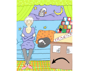 Karen Morley - Shaking. An illustration of a lady sat on a sofa, shaking