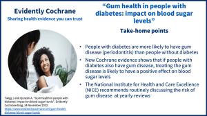 People with diabetes are more likely to have gum disease (periodontitis) than people without diabetes New Cochrane evidence shows that if people with diabetes also have gum disease, treating the gum disease is likely to have a positive effect on blood sugar levels The National Institute for Health and Care Excellence (NICE) recommends routinely discussing the risk of gum disease  at yearly reviews