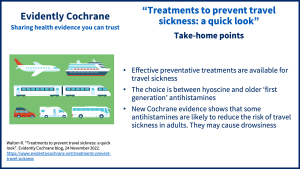 Take-home points: Effective preventative treatments are available for travel sickness The choice is between hyoscine and older ‘first generation’ antihistamines New Cochrane evidence shows that some antihistamines are likely to reduce the risk of travel sickness in adults. They may cause drowsiness