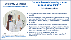 Statins are medicines used by about one third of people aged over 50 A systematic review of the evidence has shown that while statins do reduce ‘bad cholesterol,’ sometimes this results in only small reductions in the risk of having a bad outcome like a heart attack or stroke Some people will benefit more from statins than other people If you are considering taking statins, ask your doctor what is your risk of heart attack, stroke and other bad outcomes if you take them and what is your risk if you don’t take them One helpful tool is to ‘think BRAIN’. What are the Benefits, Risks, Alternatives, what do I want and what if I do Nothing?