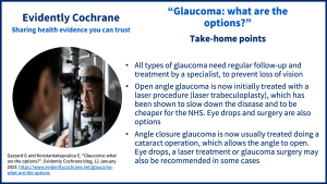 All types of glaucoma need regular follow-up and treatment by a specialist, to prevent loss of vision Open angle glaucoma is now initially treated with a laser procedure (laser trabeculoplasty), which has been shown to slow down the disease and to be cheaper for the NHS. Eye drops and surgery are also options Angle closure glaucoma is now usually treated doing a cataract operation, which allows the angle to open. Eye drops, a laser treatment or glaucoma surgery may also be recommended in some cases