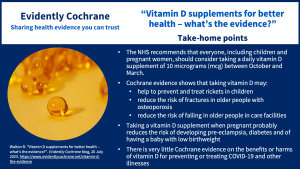 The NHS recommends that everyone including children and pregnant women should consider taking a daily vitamin D supplement of 10 micrograms (mcg) between October and March. Cochrane evidence shows that taking vitamin D may: help to prevent and treat rickets in children reduce the risk of fractures in older people with osteoporosis reduce the risk of falling in older people in care facilities Taking a vitamin D supplement when pregnant probably reduces the risk of developing pre-eclampsia, diabetes and of having a baby with low birthweight There is very little Cochrane evidence on the benefits or harms of vitamin D for preventing or treating COVID-19 and other illnesses