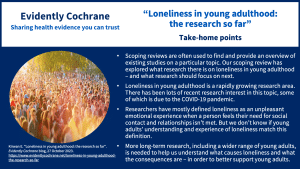 Scoping reviews are often used to find and provide an overview of existing studies on a particular topic. Our scoping review has explored what research there is on loneliness in young adulthood – and what research should focus on next. Loneliness in young adulthood is a rapidly growing research area. There has been lots of recent research interest in this topic, some of which is due to the COVID-19 pandemic. Researchers have mostly defined loneliness as an unpleasant emotional experience when a person feels their need for social contact and relationships isn’t met. But we don’t know if young adults’ understanding and experience of loneliness match this definition. More long-term research including a wider range of young adults is needed to help us understand what causes loneliness and what the consequences are – in order to support young adults better.